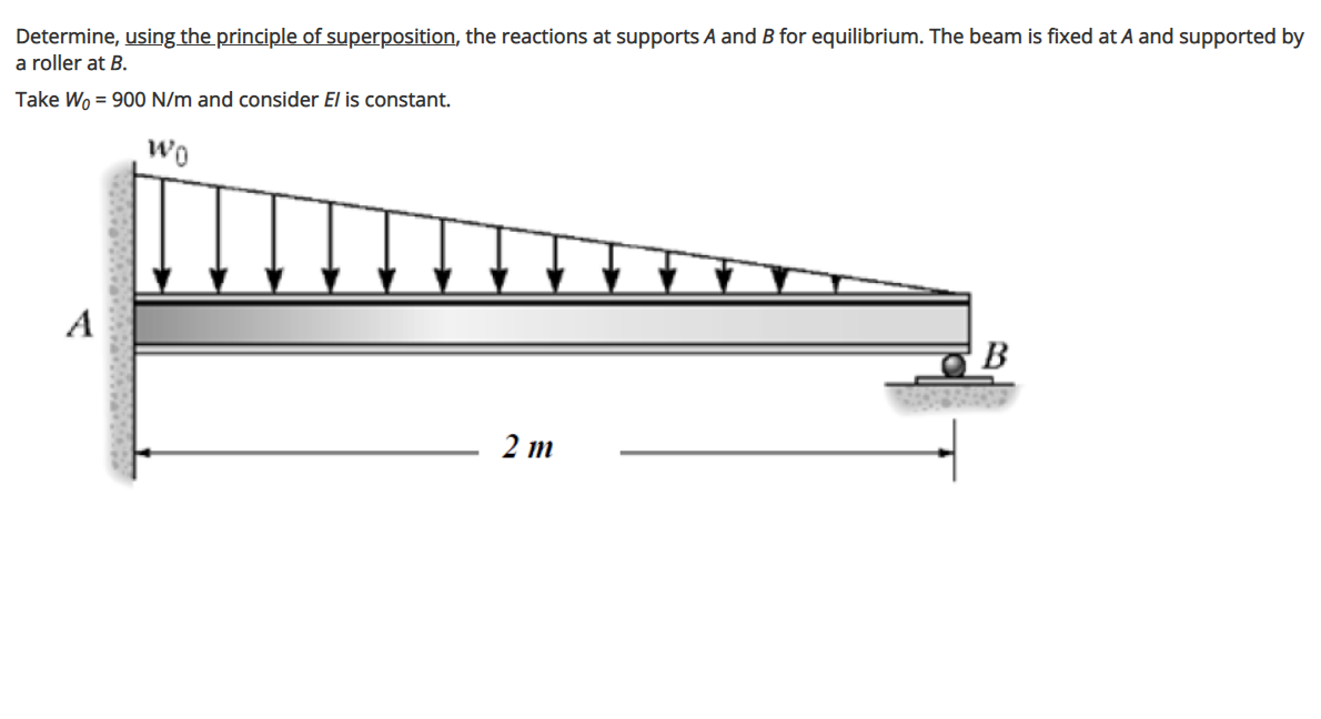 Determine, using the principle of superposition, the reactions at supports A and B for equilibrium. The beam is fixed at A and supported by
a roller at B.
Take Wo = 900 N/m and consider El is constant.
Wo
A
B
2 т
