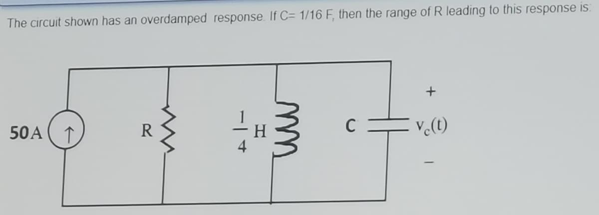 The circuit shown has an overdamped response. If C= 1/16 F, then the range of R leading to this response is:
50A
R

