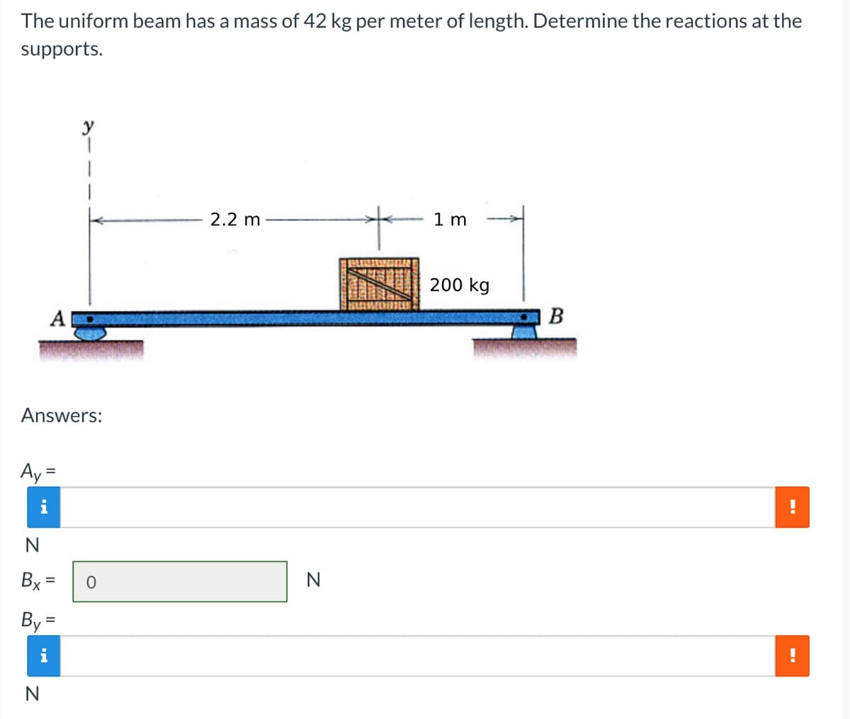 The uniform beam has a mass of 42 kg per meter of length. Determine the reactions at the
supports.
y
2.2 m
1 m
200 kg
A
Answers:
Ay=
i
N
Bx
By=
i
N
=
0
N
B