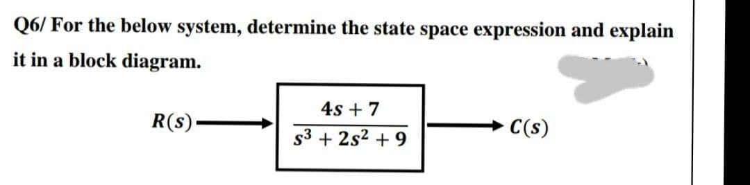Q6/ For the below system, determine the state space expression and explain
it in a block diagram.
R(s).
4s + 7
S³ + 2s² + 9
C(s)
