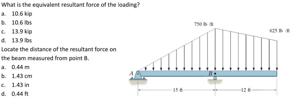 What is the equivalent resultant force of the loading?
а. 10.6 kip
b. 10.6 Ibs
750 lb /ft
с. 13.9 kip
625 lb /ft
d. 13.9 Ibs
Locate the distance of the resultant force on
the beam measured from point B.
a. 0.44 m
b. 1.43 cт
с.
1.43 in
15 ft
-12 ft
d. 0.44 ft
