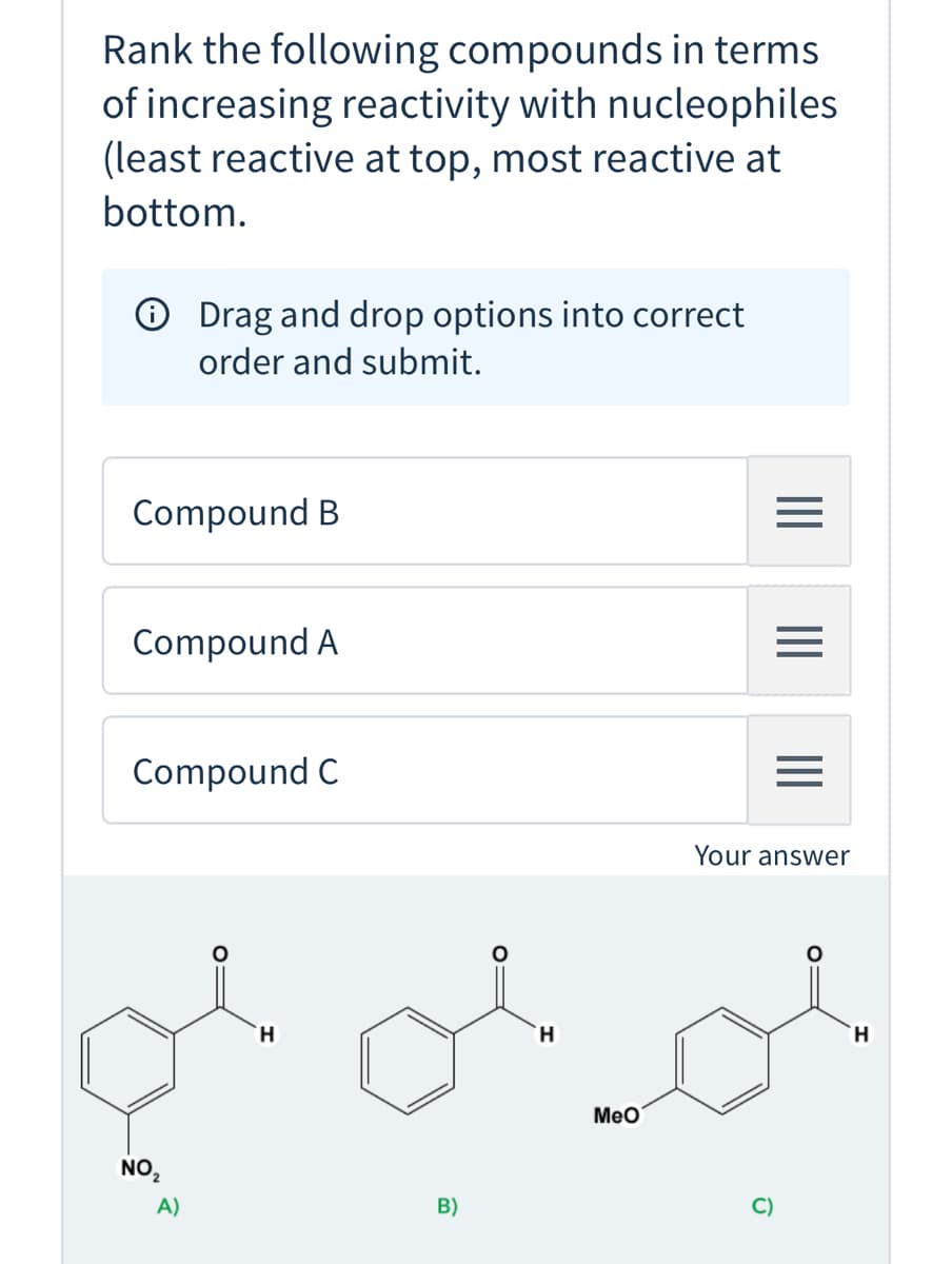 Rank the following compounds in terms
of increasing reactivity with nucleophiles
(least reactive at top, most reactive at
bottom.
O Drag and drop options into correct
order and submit.
Compound B
Compound A
Compound C
Your answer
H.
H.
H.
MeO
NO,
A)
B)
C)
O:
