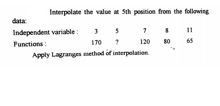 Interpolate the value at 5th position from the following
data:
3
5
7
8
11
Independent variable :
Functions :
170
?
120
80
65
Apply Lagranges method of interpolation.
