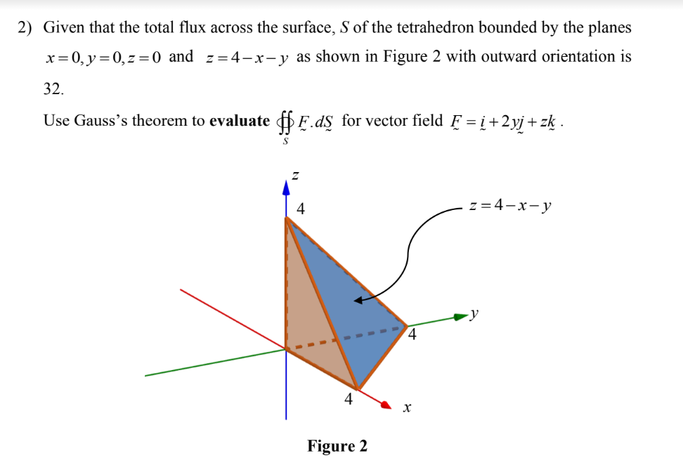 2) Given that the total flux across the surface, S of the tetrahedron bounded by the planes
x = 0, y = 0, z = 0 and z=4-x-y as shown in Figure 2 with outward orientation is
32.
Use Gauss's theorem to evaluate fF.ds for vector field F = į+2yj+zk .
S
z=4-x-y
∙y
4
Figure 2
4
X