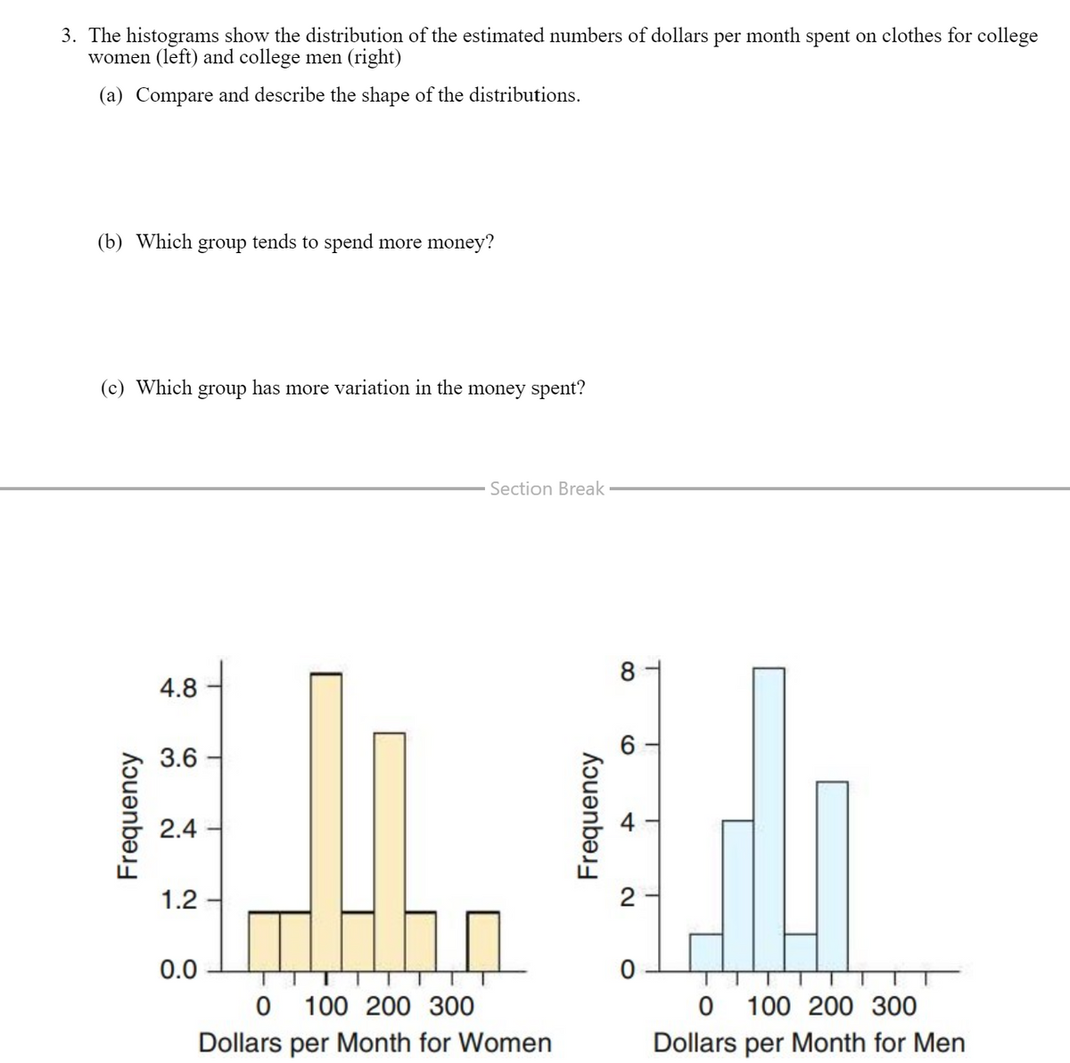3. The histograms show the distribution of the estimated numbers of dollars per month spent on clothes for college
women (left) and college men (right)
(a) Compare and describe the shape of the distributions.
(b) Which group tends to spend more money?
(c) Which group has more variation in the money spent?
Section Break
8
4.8
6.
3.6
2.4
1.2
2
0.0
O 100 200 300
Dollars per Month for Men
100 200 300
Dollars per Month for Women
Frequency
Frequency
4
