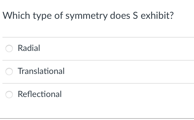 Which type of symmetry does S exhibit?
Radial
Translational
Reflectional
