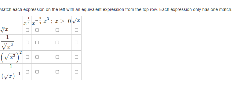 Match each expression on the left with an equivalent expression from the top row. Each expression only has one match.
1
3
x
X 3 X 3
x ≥ 0√x
3x
1
X²
(VT)
1
(√T)
2
0
0
0
U
21 | 22
U
0
8.
;
0
0
U