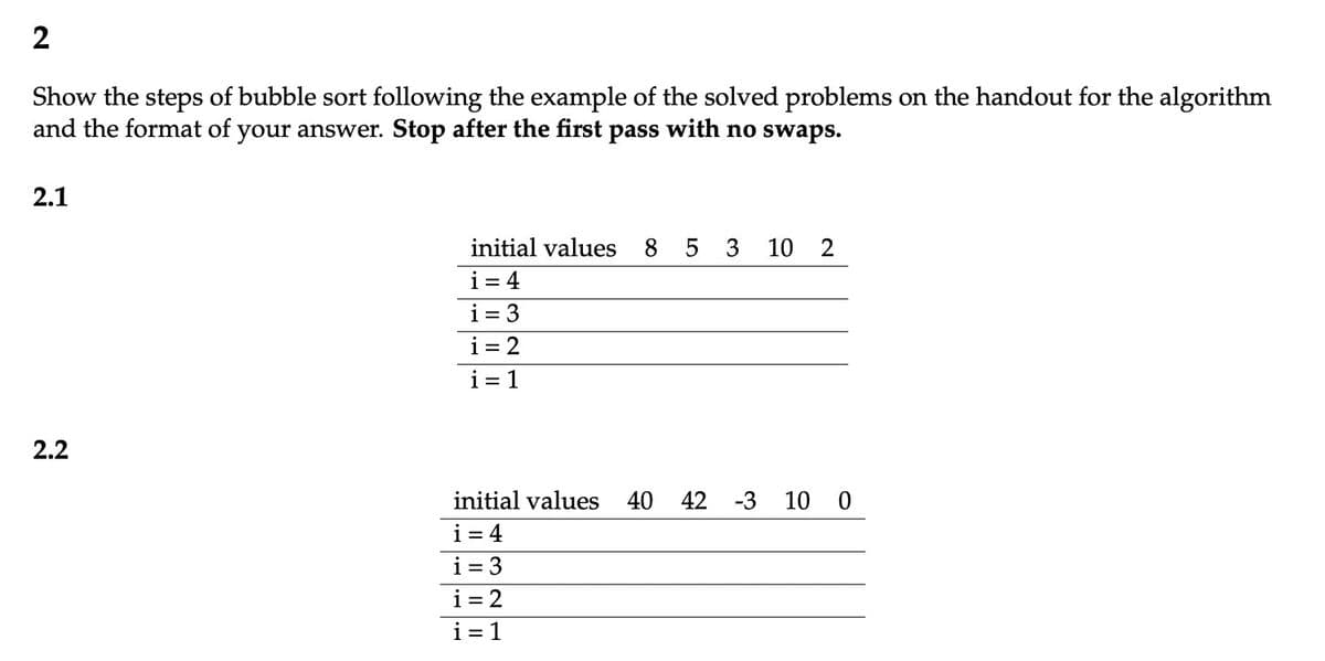 2
Show the steps of bubble sort following the example of the solved problems on the handout for the algorithm
and the format of your answer. Stop after the first pass with no swaps.
2.1
2.2
initial values 8 5 3 10 2
i = 4
i= 3
i=2
i=1
initial values 40
i = 4
i=3
i = 2
i=1
42 -3 10 0