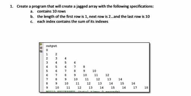 1. Create a program that will create a jagged array with the following specifications:
a. contains 10 rows
b. the length of the first row is 1, next row is 2.and the last row is 10
c. each index contains the sum of its indexes
output
3
4
4
6.
10
10
11
12
10
11
12
13
14
10
11
12
13
14
15
16
10
11
12
13
14
15
16
17
18
