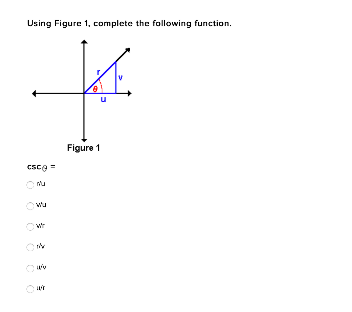 Using Figure 1, complete the following function.
V
Figure 1
csce =
O r/u
O v/u
v/r
r/v
u/r
O O O O
