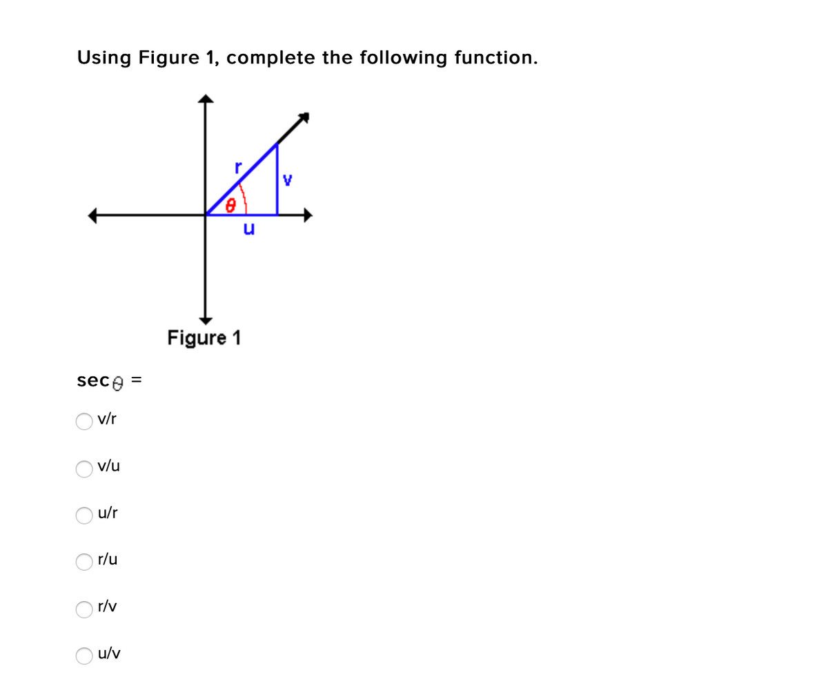 Using Figure 1, complete the following function.
V
Figure 1
sece =
O v/r
v/u
u/r
r/u
r/v
O u/v
O O
