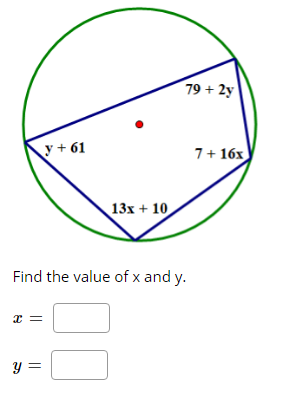 79 + 2y
y + 61
7+ 16x
13x + 10
Find the value of x and y.
y =
