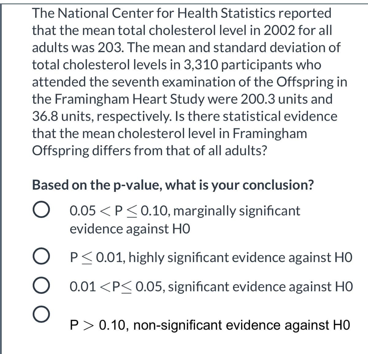 The National Center for Health Statistics reported
that the mean total cholesterol level in 2002 for all
adults was 203. The mean and standard deviation of
total cholesterol levels in 3,310 participants who
attended the seventh examination of the Offspring in
the Framingham Heart Study were 200.3 units and
36.8 units, respectively. Is there statistical evidence
that the mean cholesterol level in Framingham
Offspring differs from that of all adults?
Based on the p-value, what is your conclusion?
O 0.05 < P<0.10, marginally significant
evidence against HO
O P<0.01, highly significant evidence against HO
O 0.01 <P<0.05, significant evidence against HO
P> 0.10, non-significant evidence against HO
