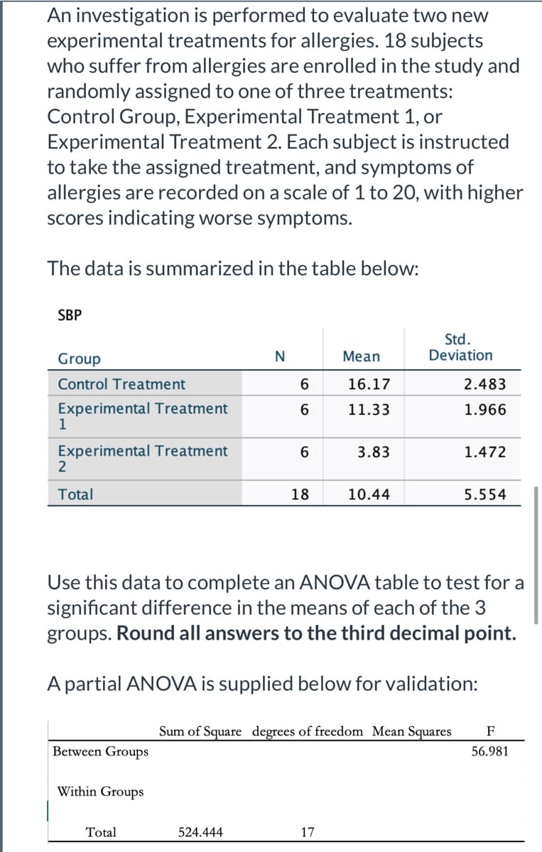 An investigation is performed to evaluate two new
experimental treatments for allergies. 18 subjects
who suffer from allergies are enrolled in the study and
randomly assigned to one of three treatments:
Control Group, Experimental Treatment 1, or
Experimental Treatment 2. Each subject is instructed
to take the assigned treatment, and symptoms of
allergies are recorded on a scale of 1 to 20, with higher
scores indicating worse symptoms.
The data is summarized in the table below:
SBP
Std.
Deviation
Group
N
Mean
Control Treatment
6
16.17
2.483
Experimental Treatment
1
11.33
1.966
Experimental Treatment
2
3.83
1.472
Total
18
10.44
5.554
Use this data to complete an ANOVA table to test for a
significant difference in the means of each of the 3
groups. Round all answers to the third decimal point.
A partial ANOVA is supplied below for validation:
Sum of Square degrees of freedom Mean Squares
F
Between Groups
56.981
Within Groups
Total
524.444
17

