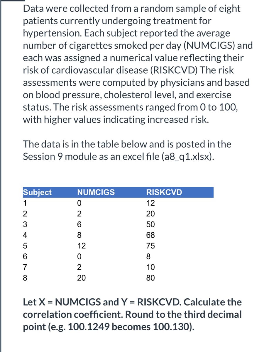 Data were collected from a random sample of eight
patients currently undergoing treatment for
hypertension. Each subject reported the average
number of cigarettes smoked per day (NUMCIGS) and
each was assigned a numerical value reflecting their
risk of cardiovascular disease (RISKCVD) The risk
assessments were computed by physicians and based
on blood pressure, cholesterol level, and exercise
status. The risk assessments ranged from 0 to 100,
with higher values indicating increased risk.
The data is in the table below and is posted in the
Session 9 module as an excel file (a8_q1.xlsx).
Subject
NUMCIGS
RISKCVD
1
12
2
2
20
3
50
4
8
68
12
75
6.
8.
7
2
10
20
80
Let X = NUMCIGS and Y = RISKCVD. Calculate the
correlation coefficient. Round to the third decimal
point (e.g. 100.1249 becomes 100.130).
