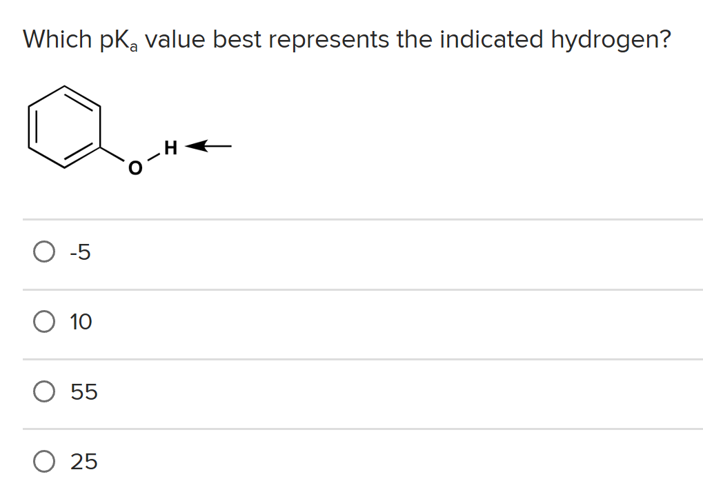 Which pka value best represents the indicated hydrogen?
-H.
O -5
O 10
O 55
O 25
