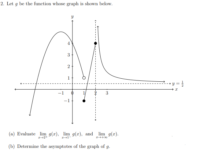 2. Let g be the function whose graph is shown below.
3
1
-+ y = }
-1
-1
(a) Evaluate lim g(x), lim g(r), and
lim g(x).
2+2+
(b) Determine the asymptotes of the graph of g.
1.
2.

