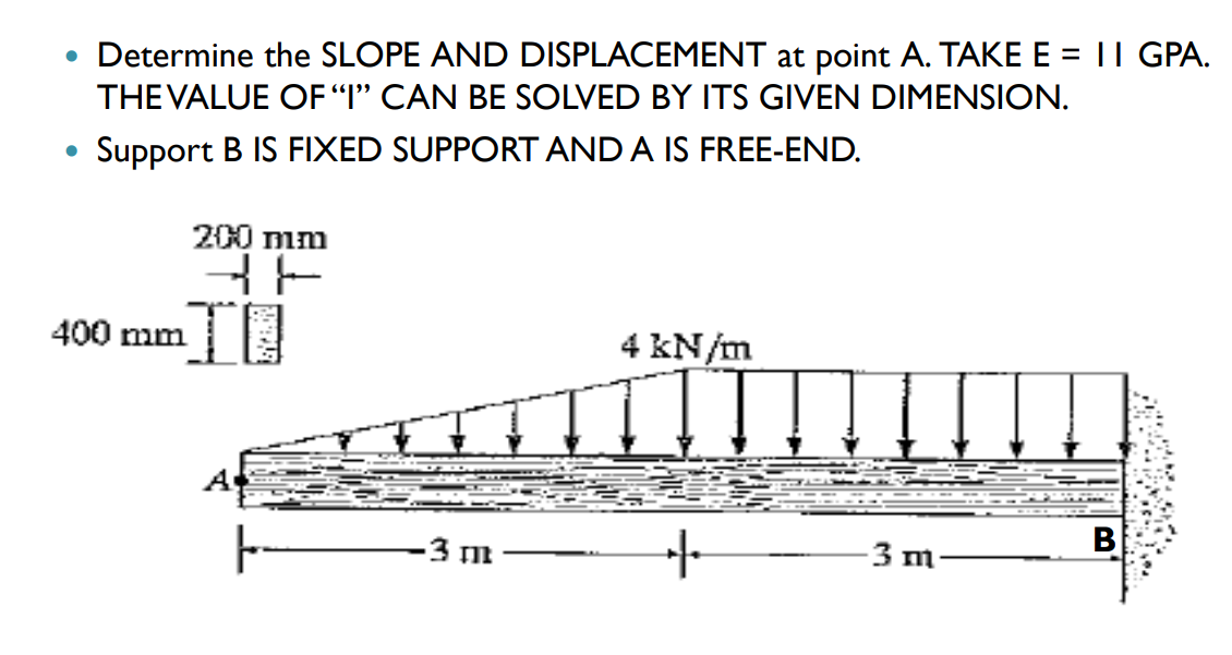• Determine the SLOPE AND DISPLACEMENT at point A. TAKE E = || GPA.
THE VALUE OF "I" CAN BE SOLVED BY ITS GIVEN DIMENSION.
●
Support B IS FIXED SUPPORT AND A IS FREE-END.
200 mm
400 mm
4 kN/m
som
B
.3 11
3 m