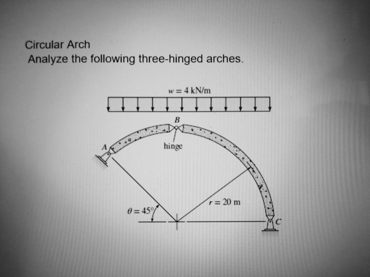 Circular Arch
Analyze the following three-hinged arches.
w = 4 kN/m
!!
hinge
r= 20 m
0 = 45
