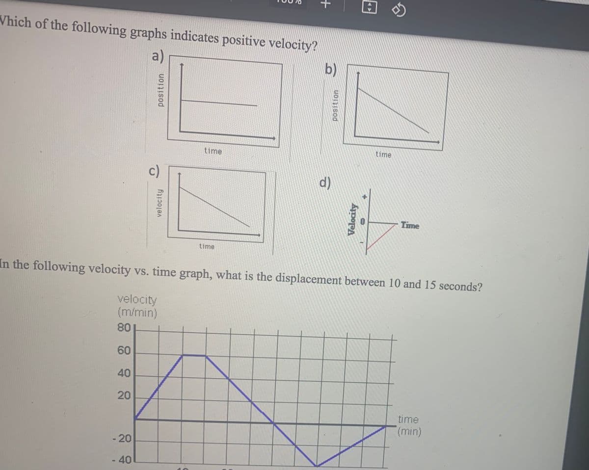 Vhich of the following graphs indicates positive velocity?
a)
b)
time
time
c)
d)
Time
time
In the following velocity vs. time graph, what is the displacement between 10 and 15 seconds?
velocity
(m/min)
80
60
40
time
(min)
- 20
NO
-40
20
position.
velocity
+
position
