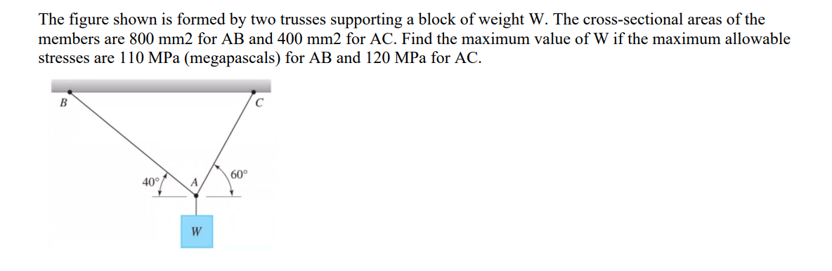 The figure shown is formed by two trusses supporting a block of weight W. The cross-sectional areas of the
members are 800 mm2 for AB and 400 mm2 for AC. Find the maximum value of W if the maximum allowable
stresses are 110 MPa (megapascals) for AB and 120 MPa for AC.
B
40°
A
W
60°
C