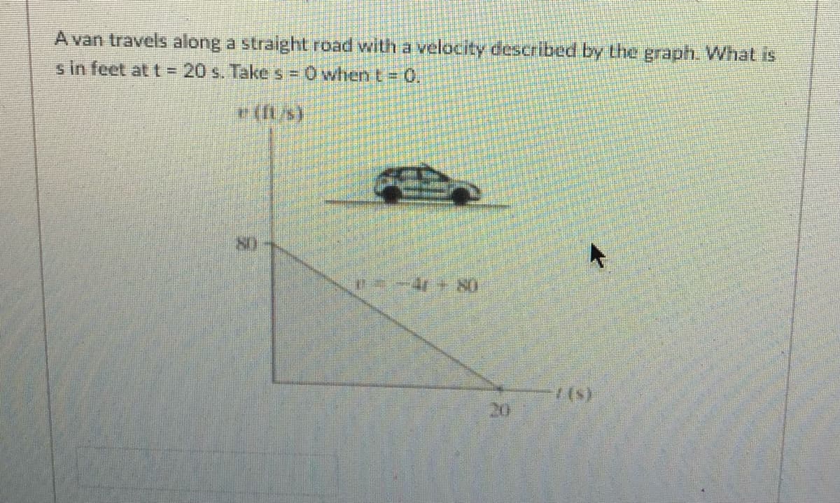 A van travels along a straight road with a velocity described by the graph. What is
s in feet at t= 20 s. Take s =D 0 when t= 0.
(/s)
80
4r+80
20
