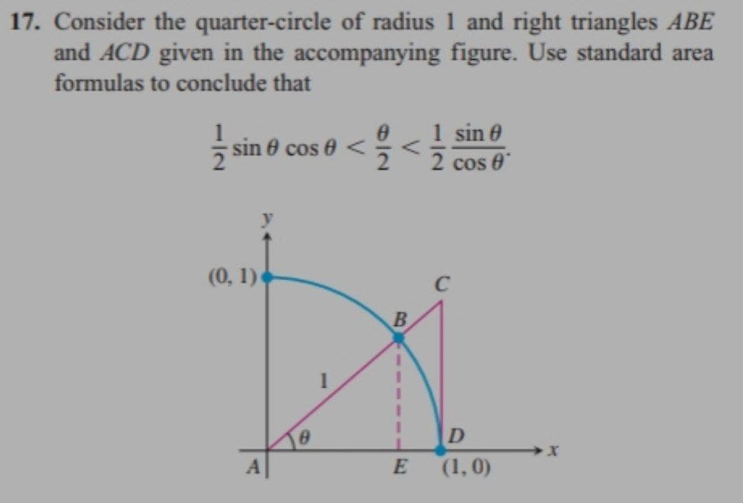 17. Consider the quarter-circle of radius 1 and right triangles ABE
and ACD given in the accompanying figure. Use standard area
formulas to conclude that
1
sin e cos 0 <
1 sin 0
2 cos 6
(0, 1)
1
D
(1, 0)
C.
B.
