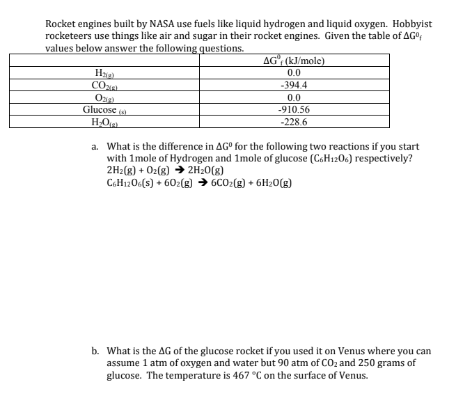 Rocket engines built by NASA use fuels like liquid hydrogen and liquid oxygen. Hobbyist
rocketeers use things like air and sugar in their rocket engines. Given the table of AG°
values below answer the following questions.
AG"; (kJ/mole)
0.0
-394.4
Oze)
Glucose (9
0.0
-910.56
-228.6
a. What is the difference in AGº for the following two reactions if you start
with 1mole of Hydrogen and 1mole of glucose (C6H12O6) respectively?
2H2(g) + Oz(g) → 2H20(g)
C6H1206(s) + 602(g) → 6CO2(g) + 6H2O(g)
