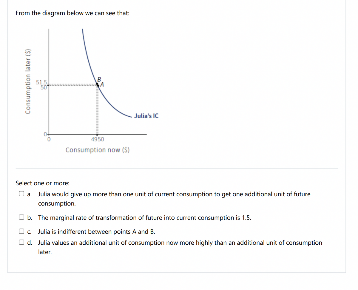 From the diagram below we can see that:
B
51.5
50
Julia's IC
0-
4950
Consumption now ($)
Select one or more:
O a.
Julia would give up more than one unit of current consumption to get one additional unit of future
consumption.
O b. The marginal rate of transformation of future into current consumption is 1.5.
c. Julia is indifferent between points A and B.
O d. Julia values an additional unit of consumption now more highly than an additional unit of consumption
later.
Consumption later ($)
