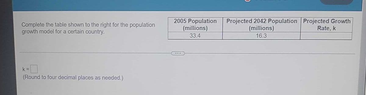 Complete the table shown to the right for the population
growth model for a certain country.
k=
(Round to four decimal places as needed.)
2005 Population
(millions)
33.4
Projected 2042 Population Projected Growth
(millions)
Rate, k
16.3