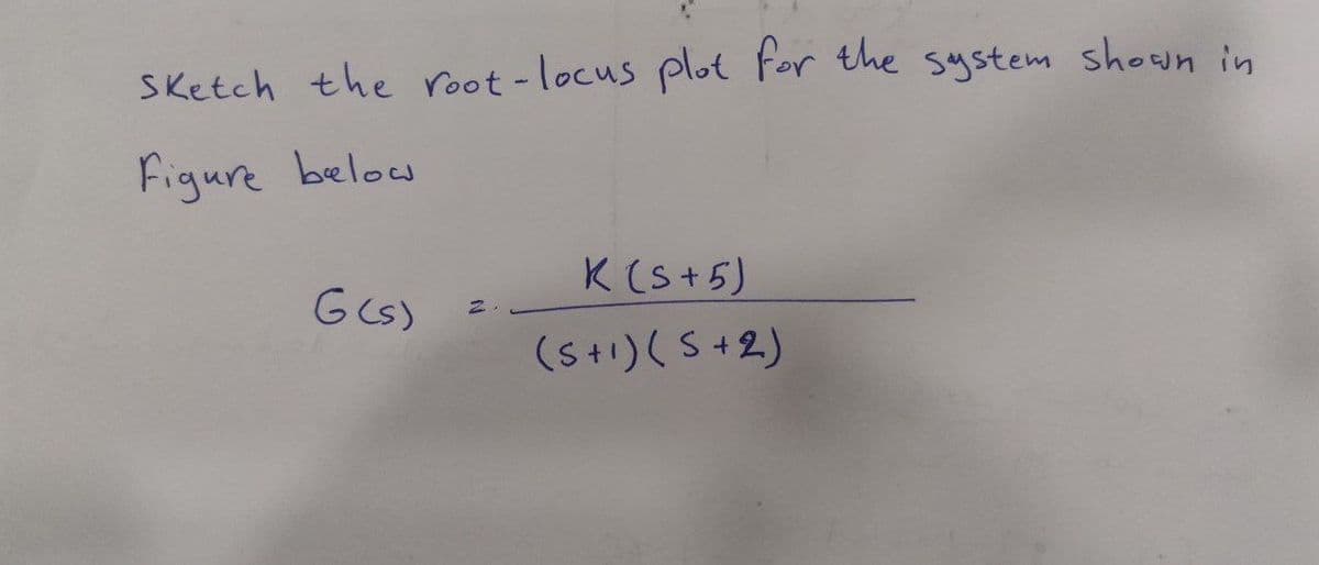 SKetch the root-locus plot for the system shown in
Figure below
K (s+5)
GCs)
(S+1) (S+2)
