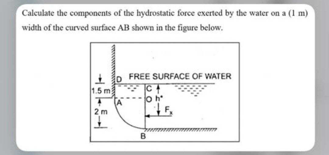 Calculate the components of the hydrostatic force exerted by the water on a (1 m)
width of the curved surface AB shown in the figure below.
FREE SURFACE OF WATER
1.5 m
F
2 m
B.
