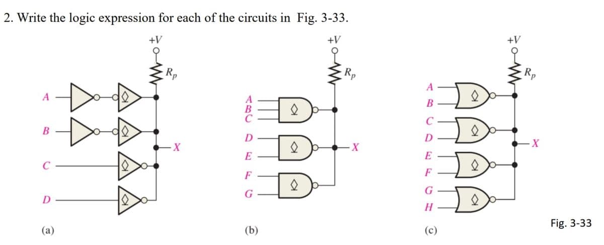 2. Write the logic expression for each of the circuits in Fig. 3-33.
+V
+V
A
B
D
E
C
F
G
D
(a)
(b)
10
X
a
Rp
·X
A
B
C
D
E
F
G
H
(c)
s
X
Fig. 3-33