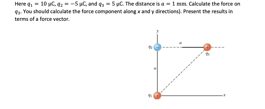 Here q1 = 10 µC, q2 = -5 µC, and q3 = 5 µC. The distance is a = 1 mm. Calculate the force on
93. You should calculate the force component along x and y directions). Present the results in
terms of a force vector.
a
42
a
