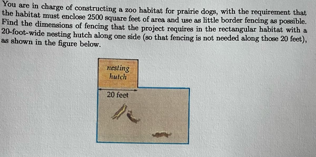 You are in charge of constructing a zoo habitat for prairie dogs, with the requirement that
the habitat must enclose 2500 square feet of area and use as little border fencing as possible.
Find the dimensions of fencing that the project requires in the rectangular habitat with a
20-foot-wide nesting hutch along one side (so that fencing is not needed along those 20 feet),
as shown in the figure below.
nesting
hutch
20 feet
