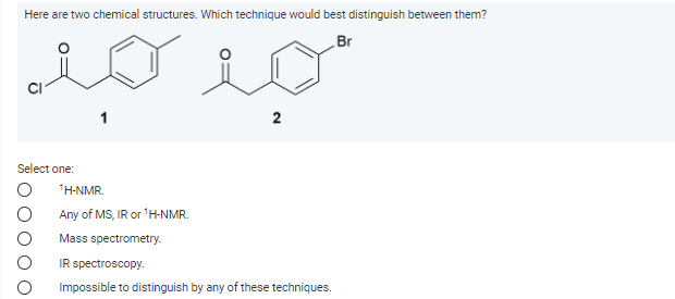 Here are two chemical structures. Which technique would best distinguish between them?
Br
Select one:
¹H-NMR.
Any of MS, IR or ¹H-NMR.
Mass spectrometry.
IR spectroscopy.
Impossible to distinguish by any of these techniques.