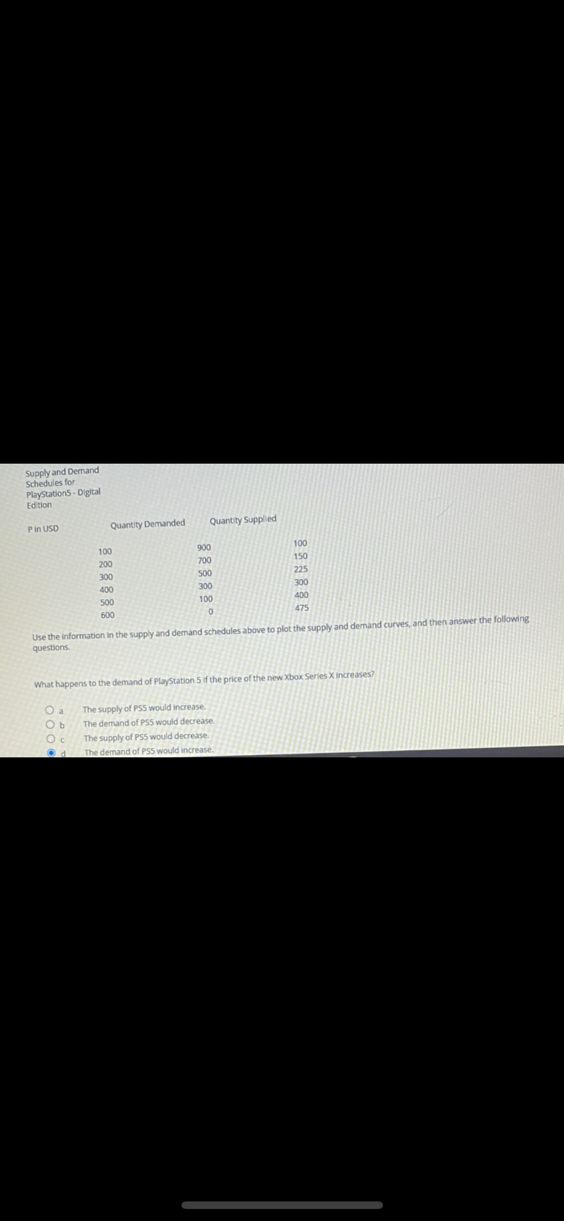 Supply and Demand
Schedules for
PlayStation5- Diglital
Edition
P in USD
Quantity Demanded
Quantity Suppled
100
900
100
200
700
150
300
500
225
400
300
300
500
100
400
600
475
Use the information in the supply and demand schedules above to plot the supply and demand curves, and then answer the following
questions.
What happens to the demand of PlayStation 5 If the price of the new Xbox Serles X increases?
O a
O b
The supply of PSS would increase.
The demand of PS5 would decrease.
The supply of PS5 would decrease.
d
The demand of PS5 would increase.
