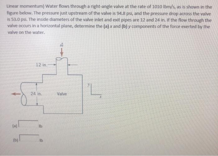 Linear momentum) Water flows through a right-angle valve at the rate of 1010 lbm/s, as is shown in the
figure below. The pressure just upstream of the valve is 94.8 psi, and the pressure drop across the valve
is 53.0 psi. The inside diameters of the valve inlet and exit pipes are 12 and 24 in. If the flow through the
valve occurs in a horizontal plane, determine the (a) x and (b) y components of the force exerted by the
valve on the water.
12 in.
24 in.
Valve
(a)
Ib
(b)
lb
