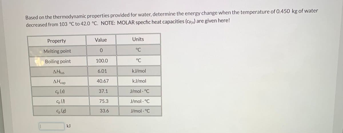 Based on the thermodynamic properties provided for water, determine the energy change when the temperature of 0.450 kg of water
decreased from 103 °C to 42.0 °C. NOTE: MOLAR specfic heat capacities (Cp.n) are given here!
Property
Value
Units
°C
Melting point
Boiling point
100.0
°C
AHfus
6.01
kJ/mol
AHvap
40.67
kJ/mol
p (s)
37.1
J/mol . °C
75.3
J/mol °C
33.6
J/mol · °C
kJ
