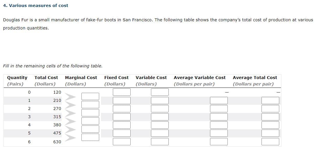 4. Various measures of cost
Douglas Fur is a small manufacturer of fake-fur boots in San Francisco. The following table shows the company's total cost of production at various
production quantities.
Fill in the remaining cells of the following table.
Average Variable Cost
(Dollars per pair)
Average Total Cost
(Dollars per pair)
Quantity
Total Cost
Marginal Cost
Fixed Cost
Variable Cost
(Pairs)
(Dollars)
(Dollars)
(Dollars)
(Dollars)
120
1
210
2
270
3
315
4
380
5
475
630
