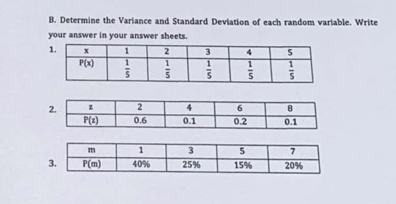 B. Determine the Variance and Standard Deviation of each random variable. Write
your answer in your answer sheets.
1.
1
3.
4
P(x)
1
4
P(z)
0.6
0.1
0.2
0.1
1
3
3.
P(m)
40%
25%
15%
20%
2.
