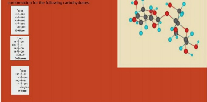 conformation for the following carbohydrates:
'сно
H2 OH
H2 OH
H OH
H OH
CH,OH
D-Allose
сно
H-OH
HOH
H-OH
H-OH
CH.OH
D-Glucose
сно
HO H
H4 OH
HOH
HOH
CH.OH
D-Idose