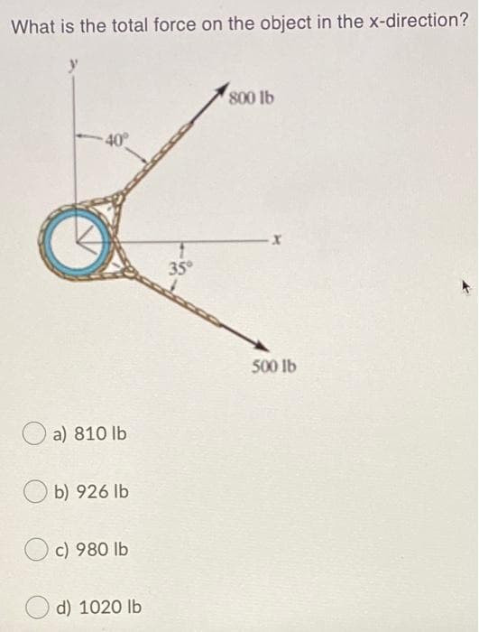 What is the total force on the object in the x-direction?
40°
a) 810 lb
b) 926 lb
c) 980 lb
d) 1020 lb
35°
800 lb
X
500 lb