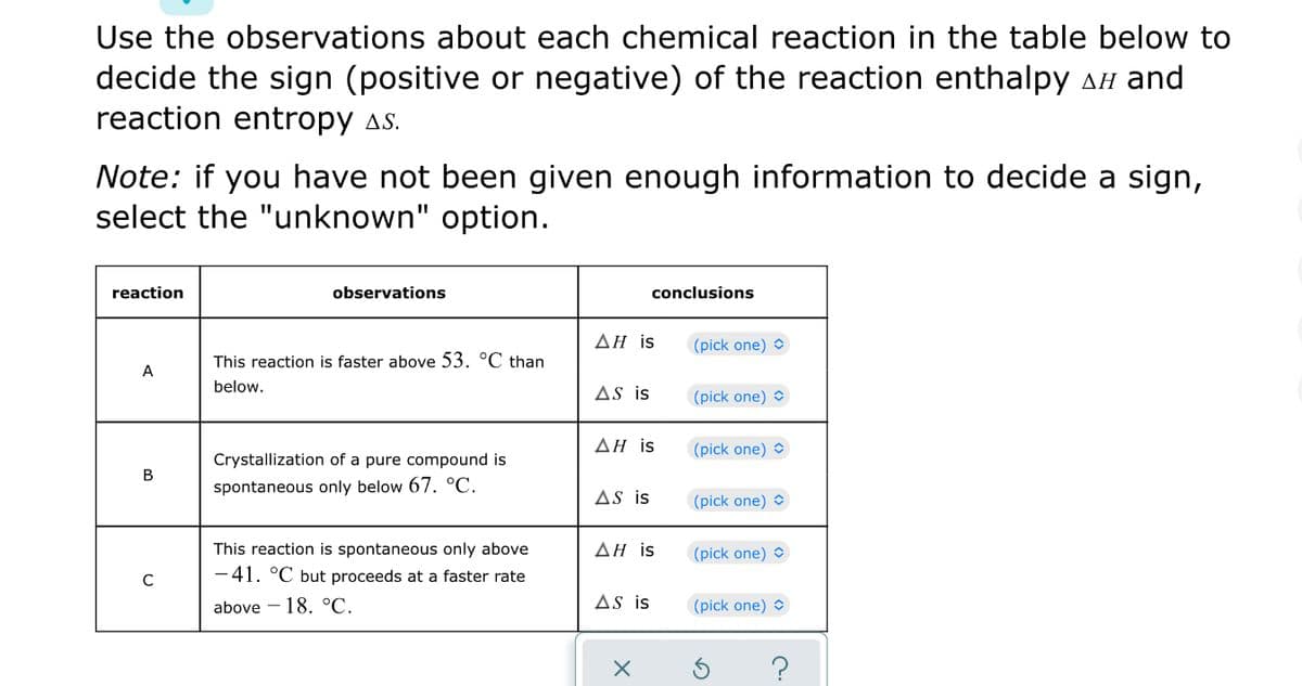 Use the observations about each chemical reaction in the table below to
decide the sign (positive or negative) of the reaction enthalpy aH and
reaction entropy as.
Note: if you have not been given enough information to decide a sign,
select the "unknown" option.
reaction
observations
conclusions
ΔΗ is
(pick one) O
This reaction is faster above 53. °C than
A
below.
AS is
(pick one)
ΔΗ is
(pick one) O
Crystallization of a pure compound is
В
spontaneous only below 67. °C.
AS is
(pick one) O
This reaction is spontaneous only above
-41. °C but proceeds at a faster rate
ΔΗ is
(pick one)
above - 18. °C.
AS is
(pick one)
