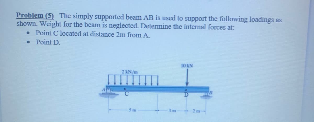 Problem (5) The simply supported beam AB is used to support the following loadings as
shown. Weight for the beam is neglected. Determine the internal forces at:
• Point C located at distance 2m from A.
Point D.
10KN
2 AN/m
5 m
3m
-2m-

