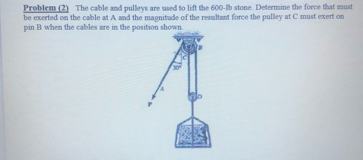 Problem (2) The cable and pulleys are used to lift the 600-1b stone. Determine the force that must
be exerted on the cable at A and the magnitude of the resultant force the pulley at C must exert on
pin B when the cables are in the position shown.
30
