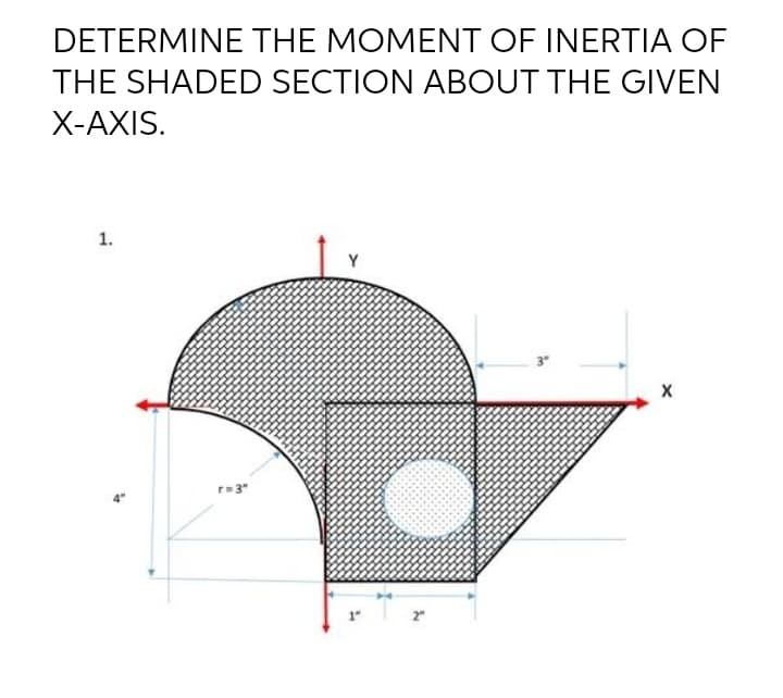 DETERMINE THE MOMENT OF INERTIA OF
THE SHADED SECTION ABOUT THE GIVEN
X-AXIS.
1.
Y
r=3"
