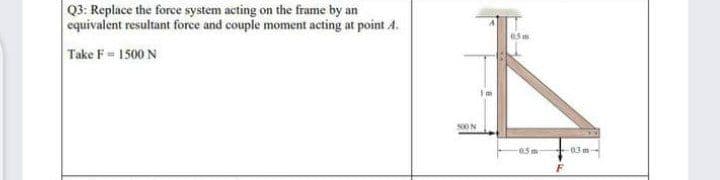 Q3: Replace the force system acting on the frame by an
equivalent resultant force and couple moment acting at point 4.
Take F- 1500 N
500 N
05m
-03m-
