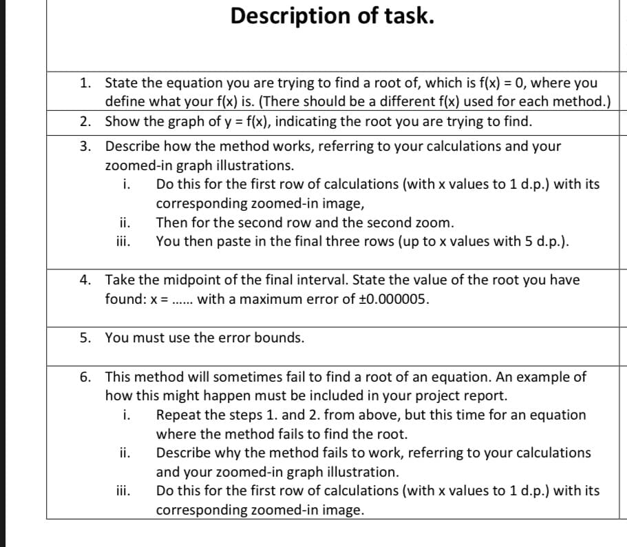 Description of task.
1.
State the equation you are trying to find a root of, which is f(x) = 0, where you
define what your f(x) is. (There should be a different f(x) used for each method.)
Show the graph of y = f(x), indicating the root you are trying to find.
2.
3.
Describe how the method works, referring to your calculations and your
zoomed-in graph illustrations.
i.
Do this for the first row of calculations (with x values to 1 d.p.) with its
corresponding zoomed-in image,
ii.
Then for the second row and the second zoom.
iii.
You then paste in the final three rows (up to x values with 5 d.p.).
4. Take the midpoint of the final interval. State the value of the root you have
found: x = ...... with a maximum error of ±0.000005.
5. You must use the error bounds.
6. This method will sometimes fail to find a root of an equation. An example of
how this might happen must be included in your project report.
i.
Repeat the steps 1. and 2. from above, but this time for an equation
where the method fails to find the root.
ii.
Describe why the method fails to work, referring to your calculations
and your zoomed-in graph illustration.
iii.
Do this for the first row of calculations (with x values to 1 d.p.) with its
corresponding zoomed-in image.