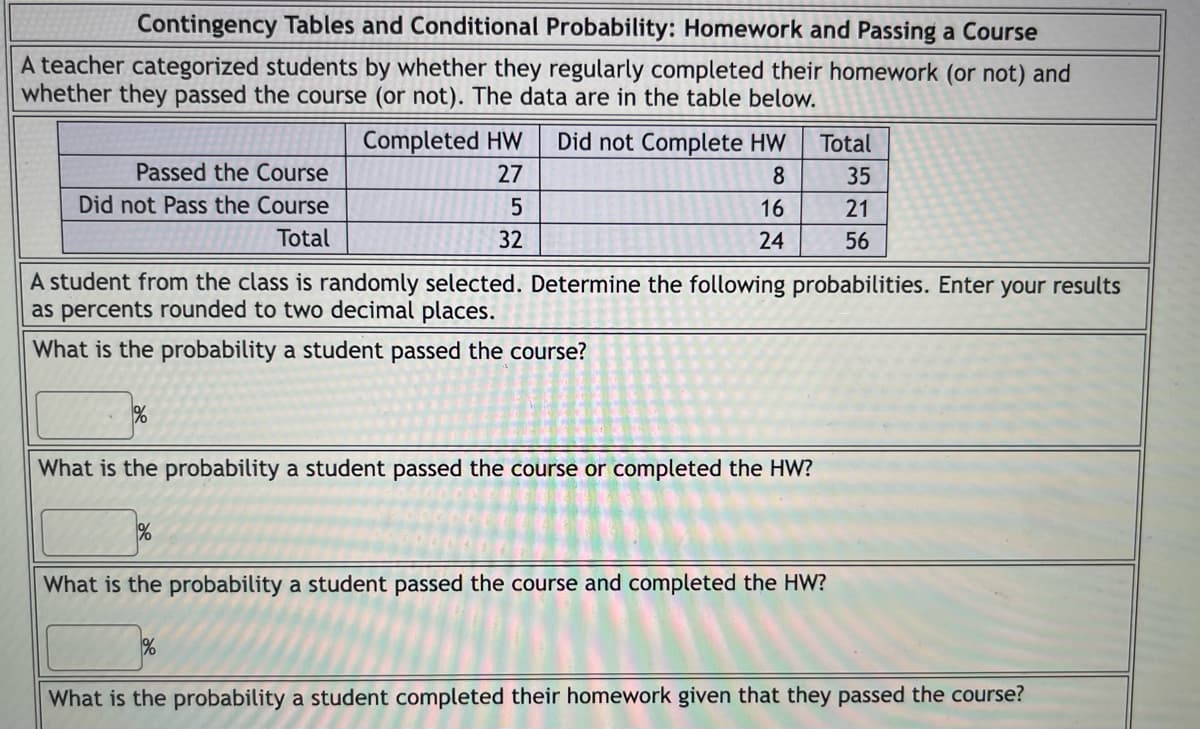Contingency Tables and Conditional Probability: Homework and Passing a Course
A teacher categorized students by whether they regularly completed their homework (or not) and
whether they passed the course (or not). The data are in the table below.
Passed the Course
Did not Pass the Course
Total
%
Completed HW
27
5
32
%
Did not Complete HW
8
A student from the class is randomly selected. Determine the following probabilities. Enter your results
as percents rounded to two decimal places.
What is the probability a student passed the course?
16
24
What is the probability a student passed the course or completed the HW?
%
Total
35
21
56
What is the probability a student passed the course and completed the HW?
What is the probability a student completed their homework given that they passed the course?